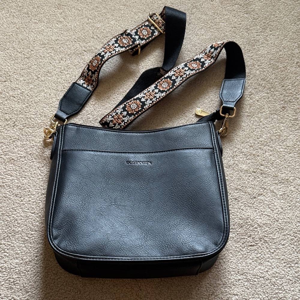 Bostanten Black Crossbody Bag with Patterned Strap